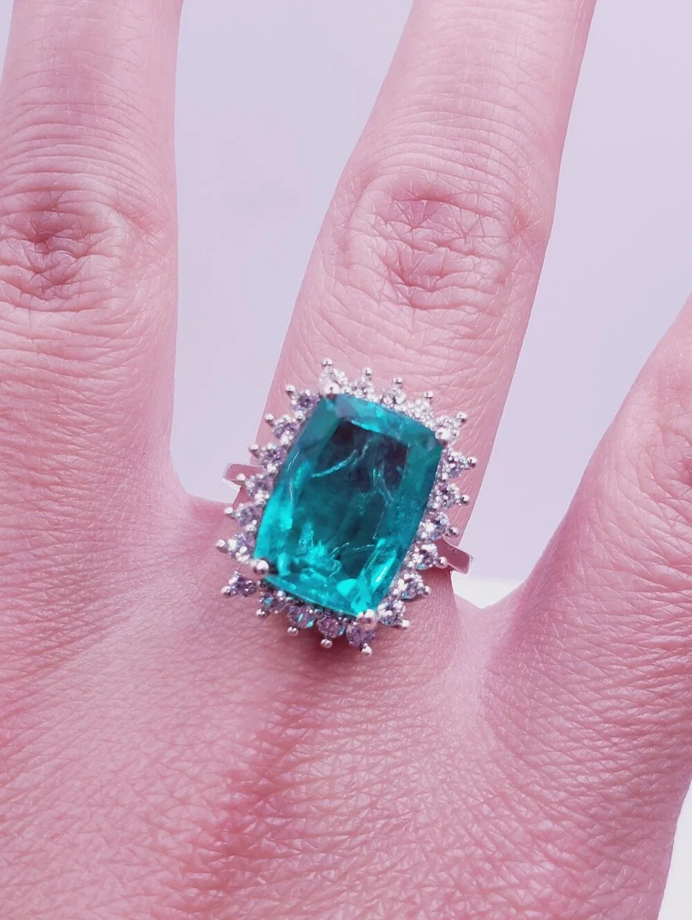 Emerald Green Quartz & White Zircon Halo Ring - Platinum - 925 Sterling Silver